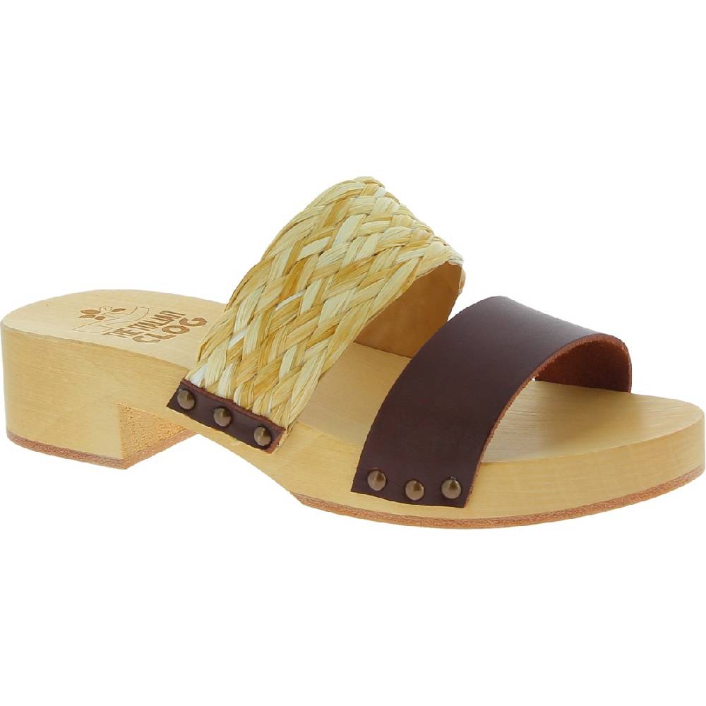 Lartigiano Del Cuoio Sabot in legno da donna artigianali con fascia in rafia e pelle testa di moro