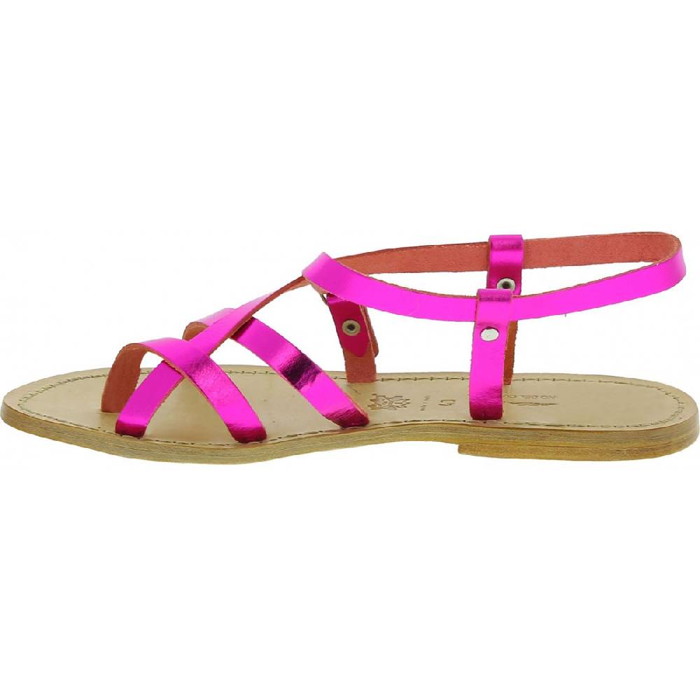 Lartigiano Del Cuoio Sandali Bassi Alla Schiava Fatti A Mano In Pelle Laminata Fucsia