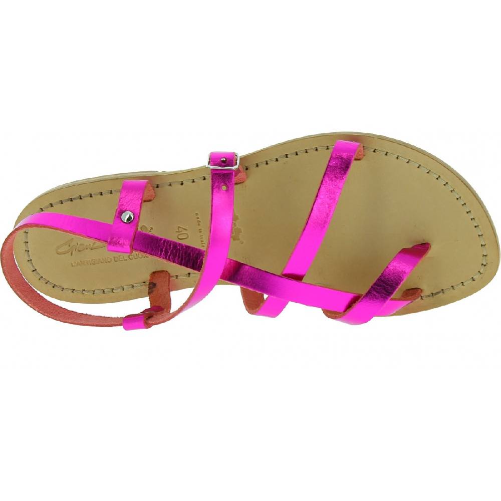 Lartigiano Del Cuoio Sandali Bassi Alla Schiava Fatti A Mano In Pelle Laminata Fucsia