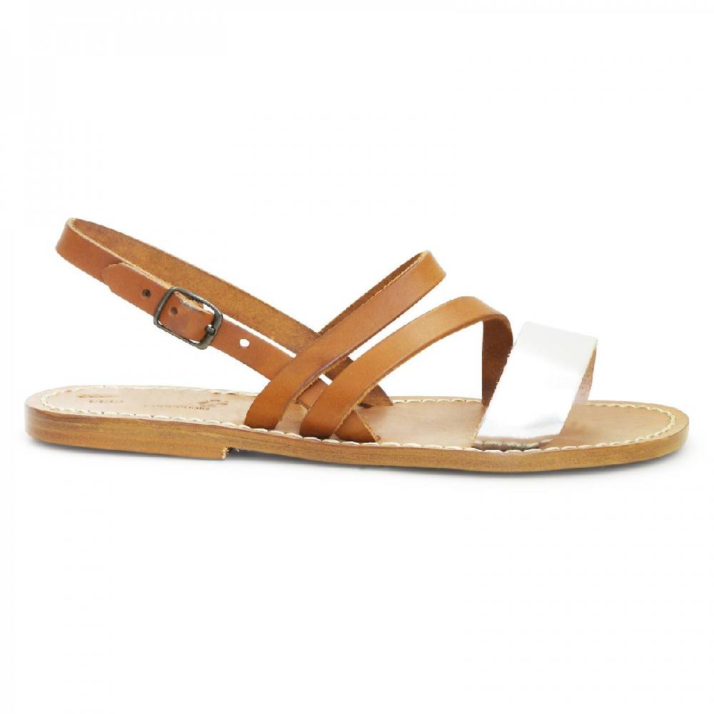 Lartigiano Del Cuoio Sandali Bassi Color Cuoio E Argento Artigianali Da Donna