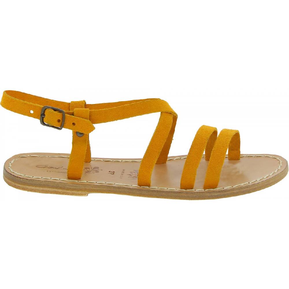 Lartigiano Del Cuoio Sandali Donna In Pelle Nabuk Color Ocra Fatti A Mano