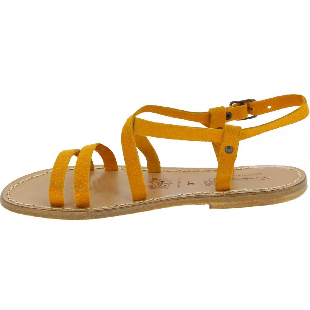 Lartigiano Del Cuoio Sandali Donna In Pelle Nabuk Color Ocra Fatti A Mano