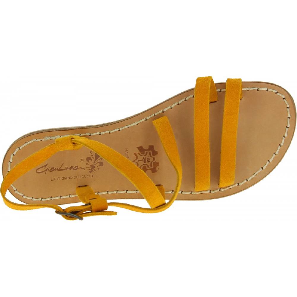 Lartigiano Del Cuoio Sandali Donna In Pelle Nabuk Color Ocra Fatti A Mano