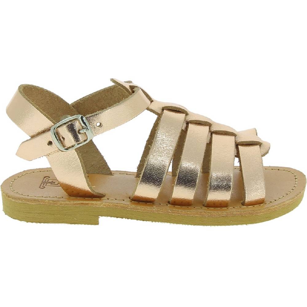 Lartigiano Del Cuoio Sandali Gladiatore Da Bambina In Pelle Di Vitello Laminata Oro Rosa Chiusura Con Fibbia