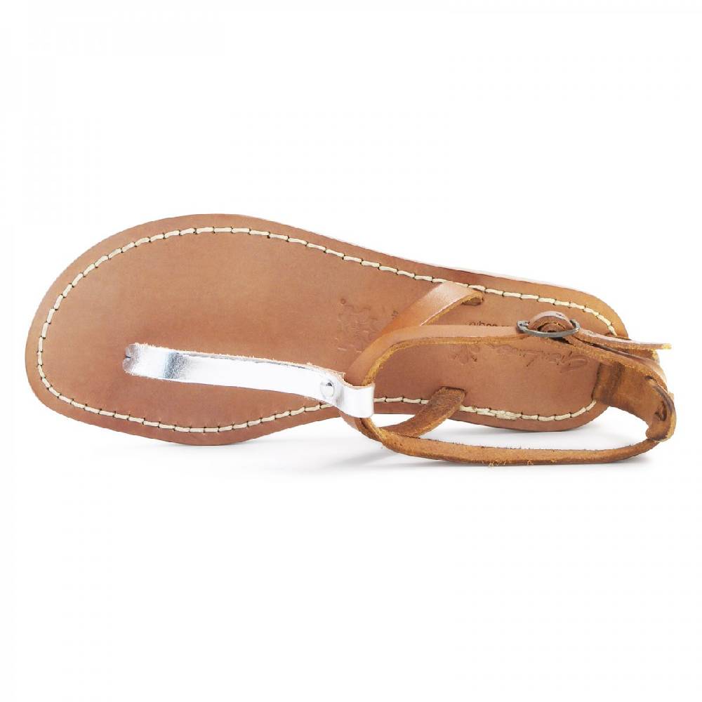 Lartigiano Del Cuoio Sandali Infradito Donna In Pelle Bicolore Cuoio E Argento