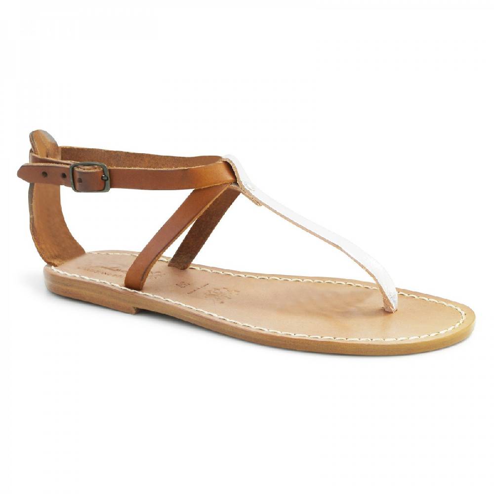 Lartigiano Del Cuoio Sandali infradito donna in pelle bicolore cuoio e argento