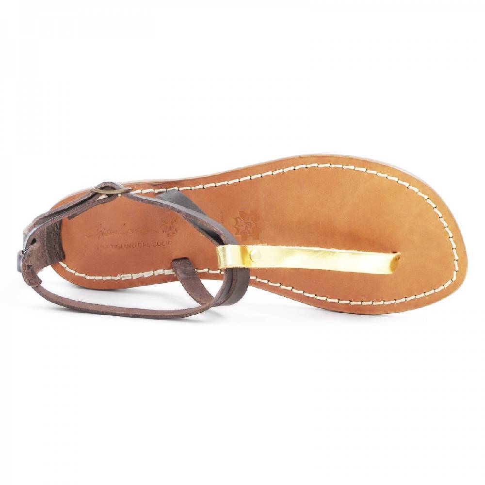 Lartigiano Del Cuoio Sandali Infradito Donna In Pelle Bicolore Marrone E Oro