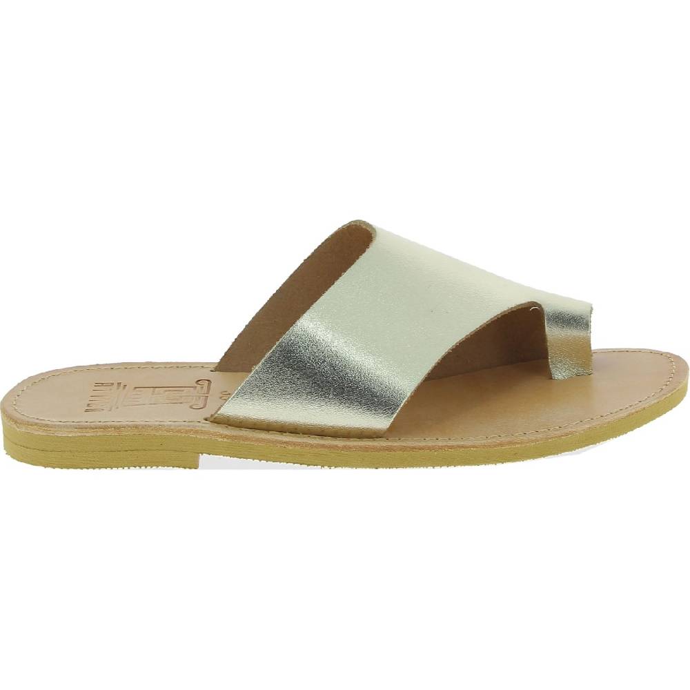 Lartigiano Del Cuoio Sandali Infradito Slip-on Da Donna Fatti A Mano In Pelle Di Vitello Laminata Oro