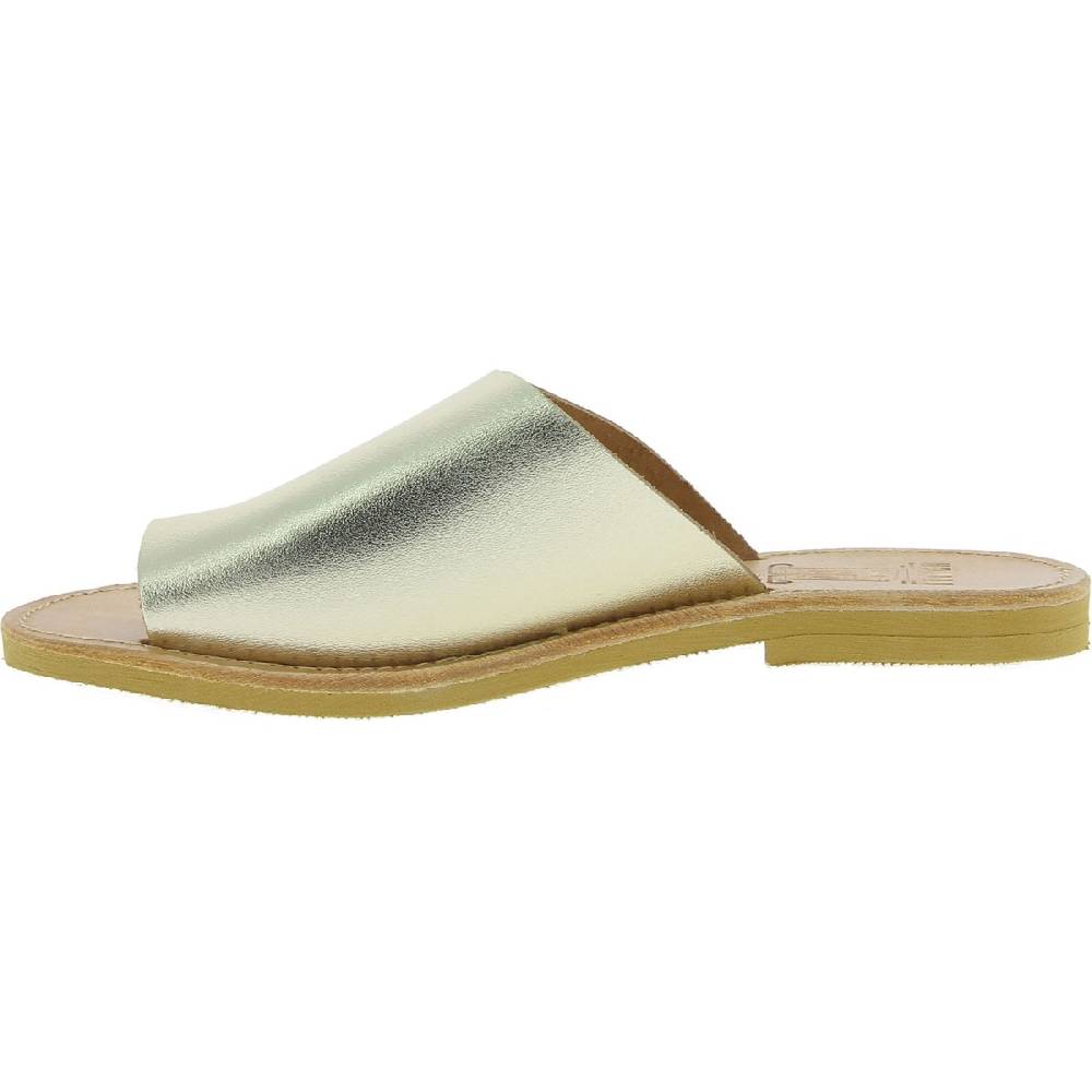 Lartigiano Del Cuoio Sandali Infradito Slip-on Da Donna Fatti A Mano In Pelle Di Vitello Laminata Oro