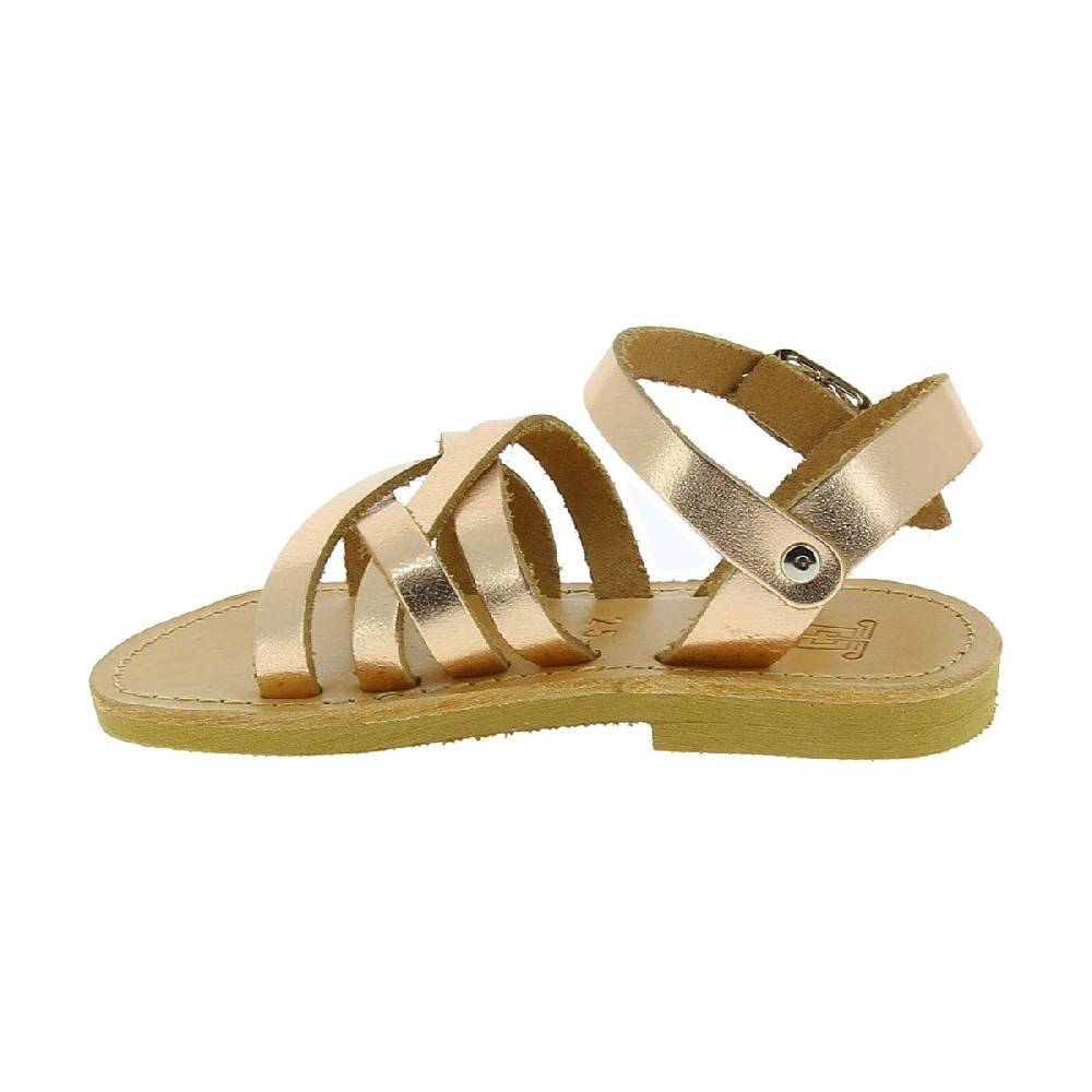 Lartigiano Del Cuoio Sandali Intrecciati Gladiatore Da Bambina In Pelle Di Vitello Laminata Oro Rosa Chiusura Con Fibbia