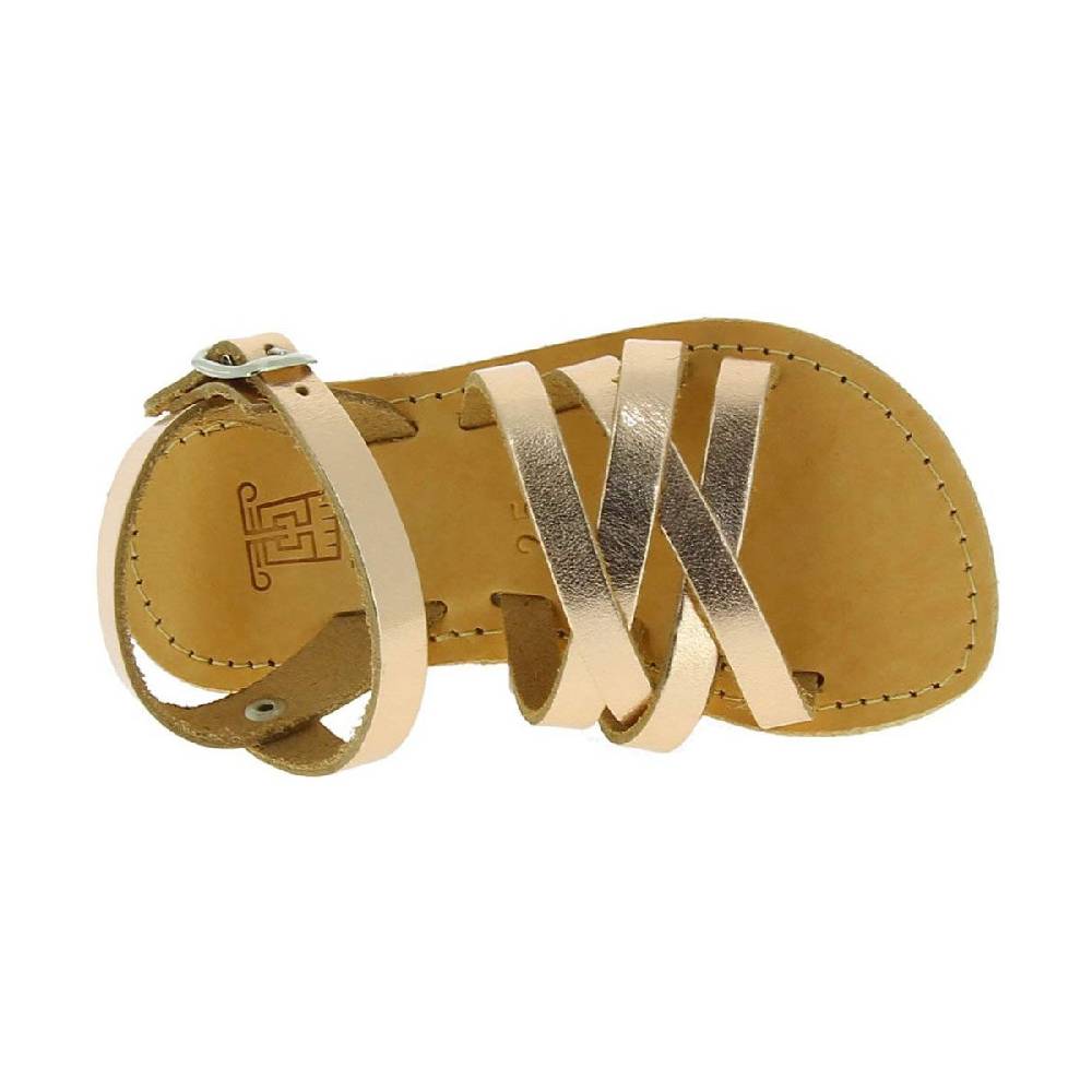Lartigiano Del Cuoio Sandali Intrecciati Gladiatore Da Bambina In Pelle Di Vitello Laminata Oro Rosa Chiusura Con Fibbia