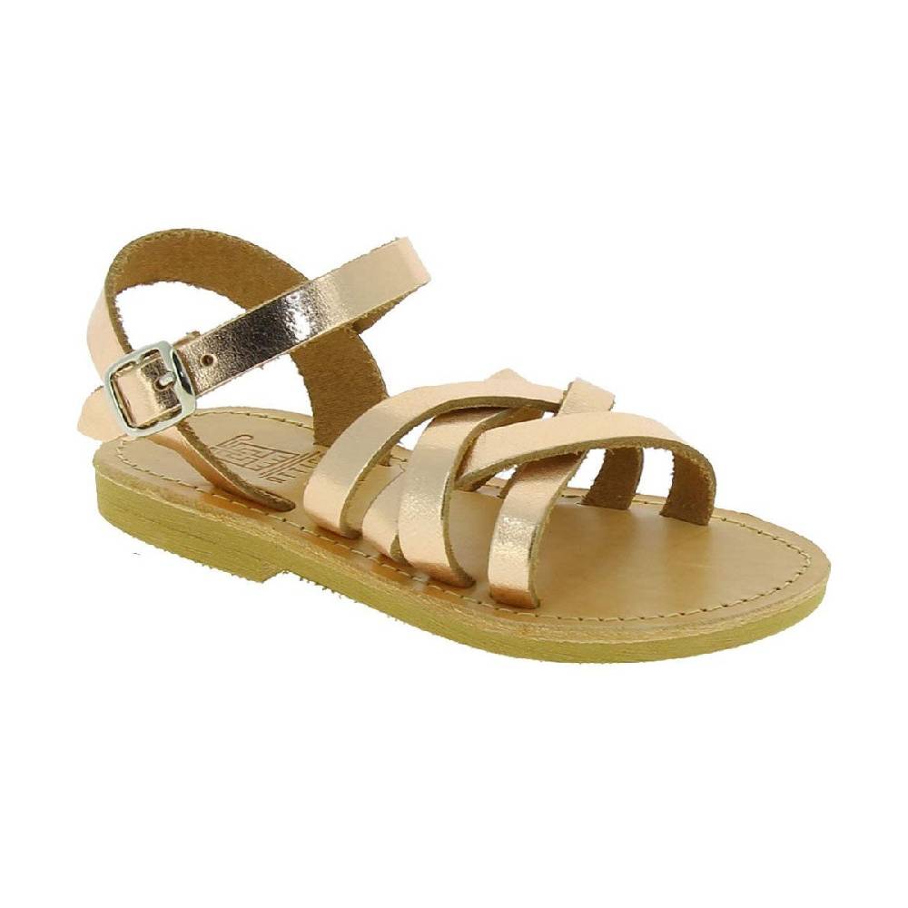 Lartigiano Del Cuoio Sandali intrecciati gladiatore da bambina in pelle di vitello laminata oro rosa chiusura con fibbia