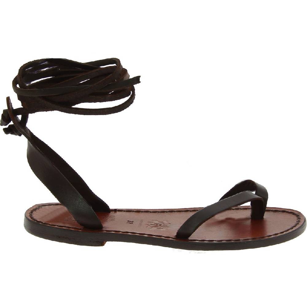 Lartigiano Del Cuoio Sandali Schiava Bassi Fatte A Mano In Pelle Marrone Scuro