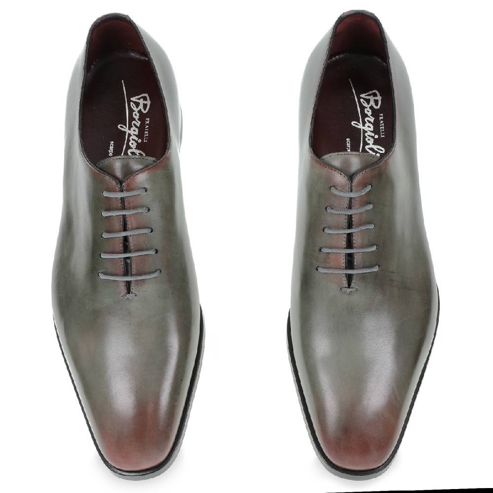 Lartigiano Del Cuoio Scarpe Oxford Da Uomo In Pelle Grigia Tinta A Mano Con Sfumature Bordò