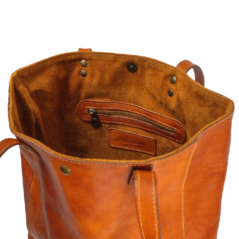 Lartigiano Del Cuoio Shopping Bag In Pelle Color Cuoio Realizzata A Mano In Toscana