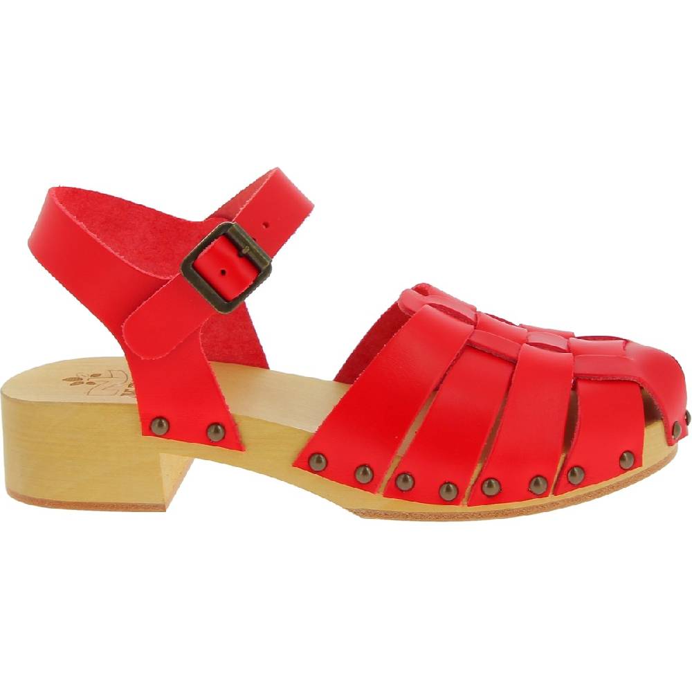 Lartigiano Del Cuoio Zoccoli Da Donna In Legno Artigianali Con Tomaia A Gabbia In Pelle Rossa
