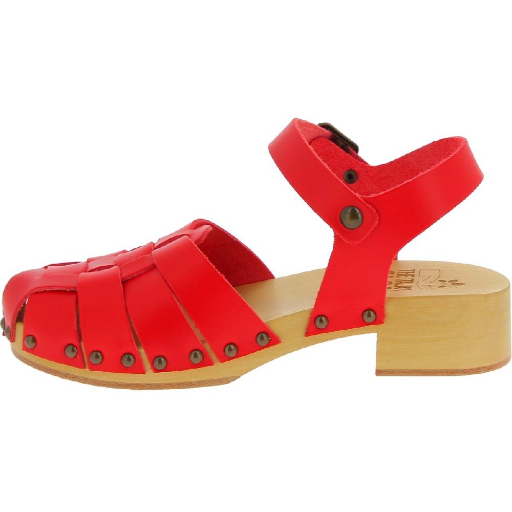 Lartigiano Del Cuoio Zoccoli Da Donna In Legno Artigianali Con Tomaia A Gabbia In Pelle Rossa