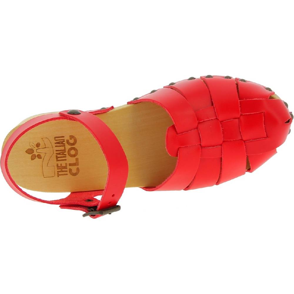 Lartigiano Del Cuoio Zoccoli Da Donna In Legno Artigianali Con Tomaia A Gabbia In Pelle Rossa