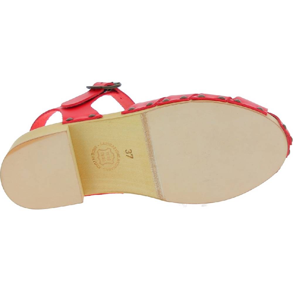Lartigiano Del Cuoio Zoccoli Da Donna In Legno Artigianali Con Tomaia A Gabbia In Pelle Rossa