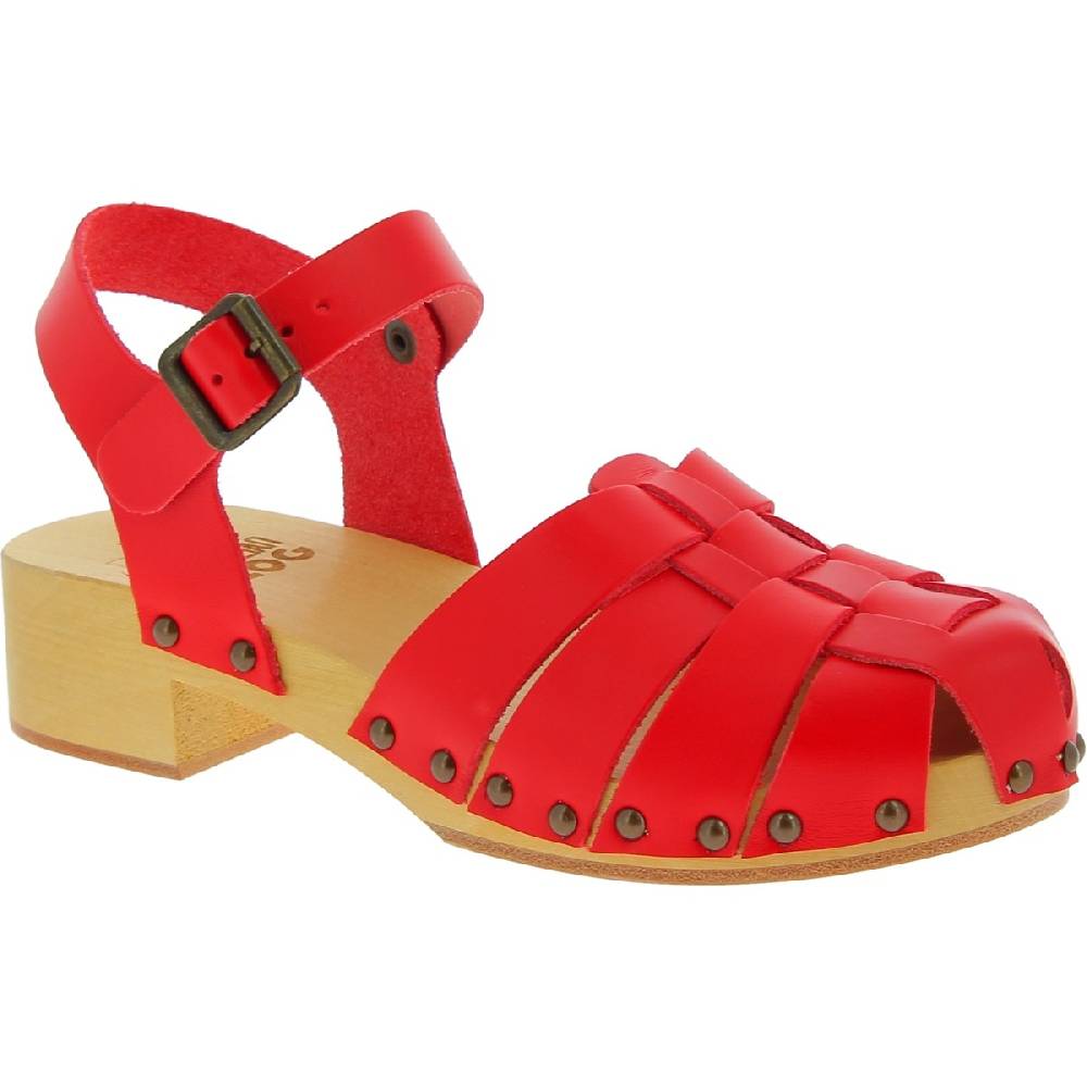 Lartigiano Del Cuoio Zoccoli da donna in legno artigianali con tomaia a gabbia in pelle rossa