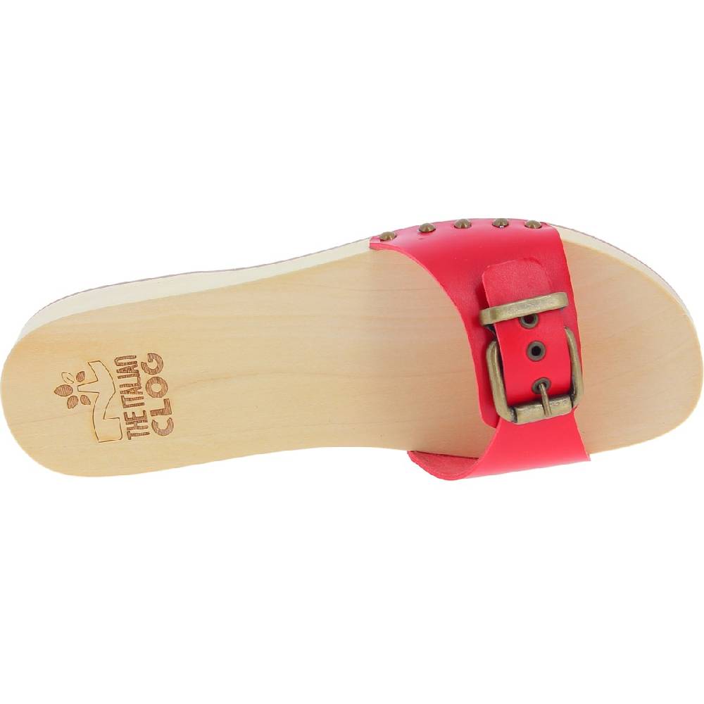 Lartigiano Del Cuoio Zoccoli Di Legno Artigianali Da Donna Con Fascia Regolabile In Pelle Rossa
