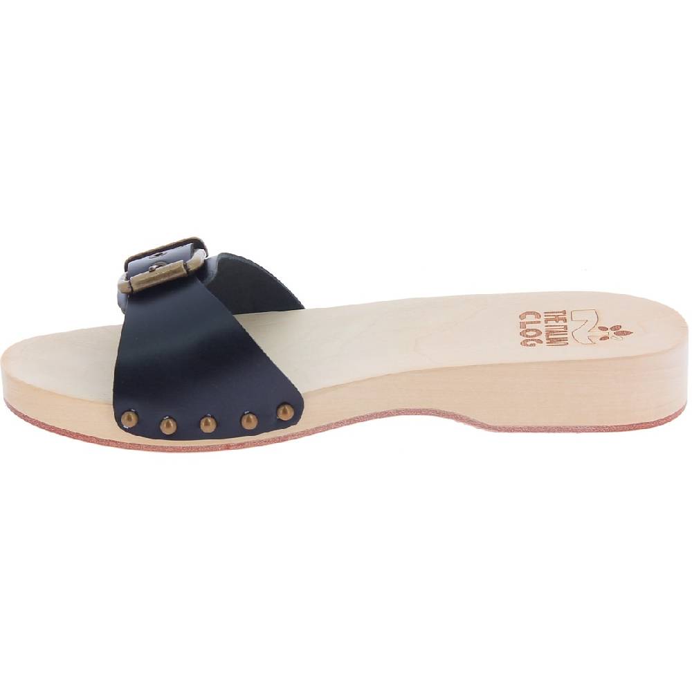 Lartigiano Del Cuoio Zoccoli Di Legno Artigianali Da Donna Con Fascia Regolabile In Pelle Nera