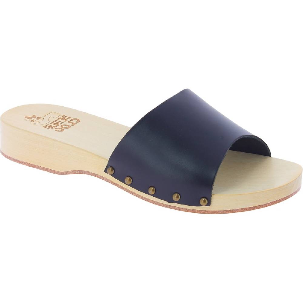 Lartigiano Del Cuoio Zoccoli di legno uomo con fascia larga in pelle nera artigianali