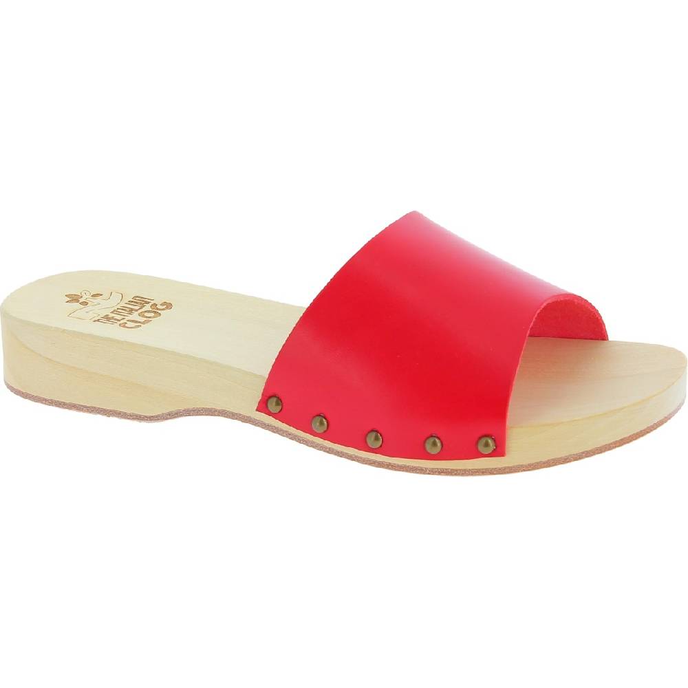 Lartigiano Del Cuoio Zoccoli di legno uomo con fascia larga in pelle rossa artigianali