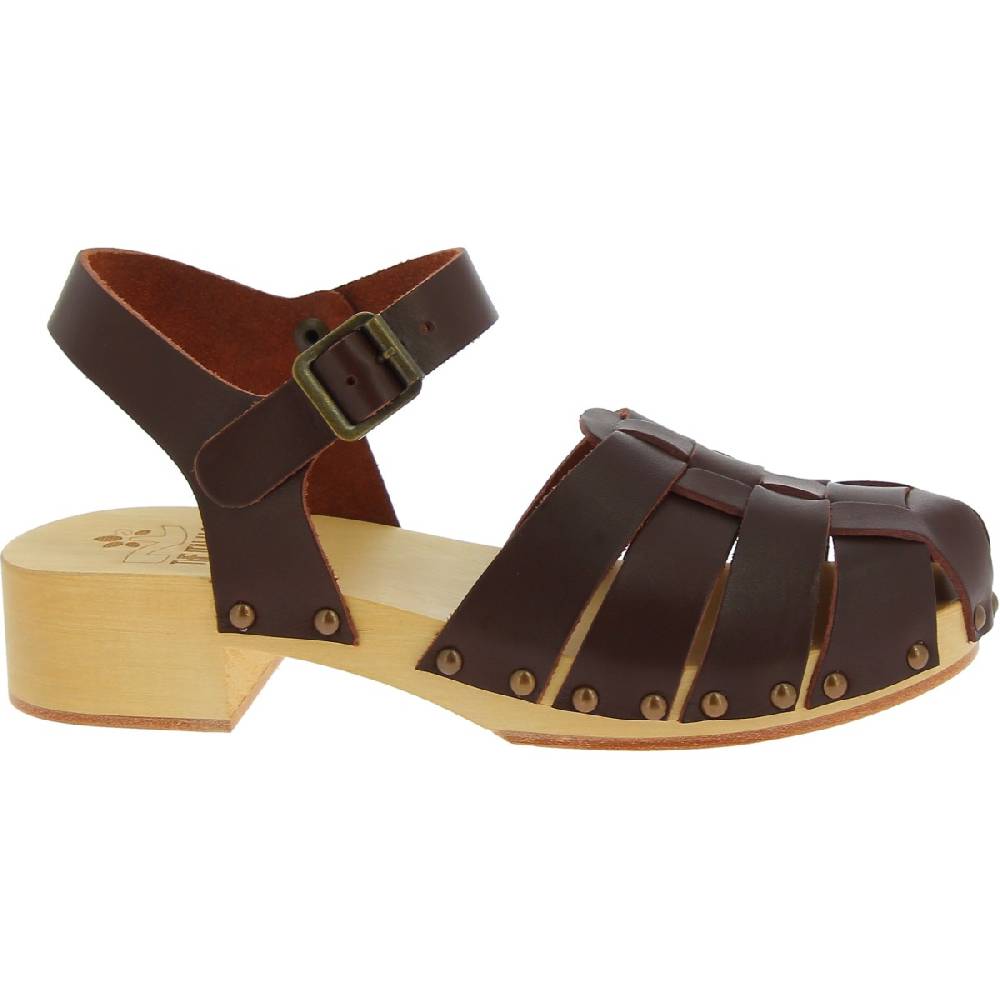 Lartigiano Del Cuoio Zoccoli Donna Artigianali In Legno Con Tomaia A Gabbia In Pelle Testa Di Moro