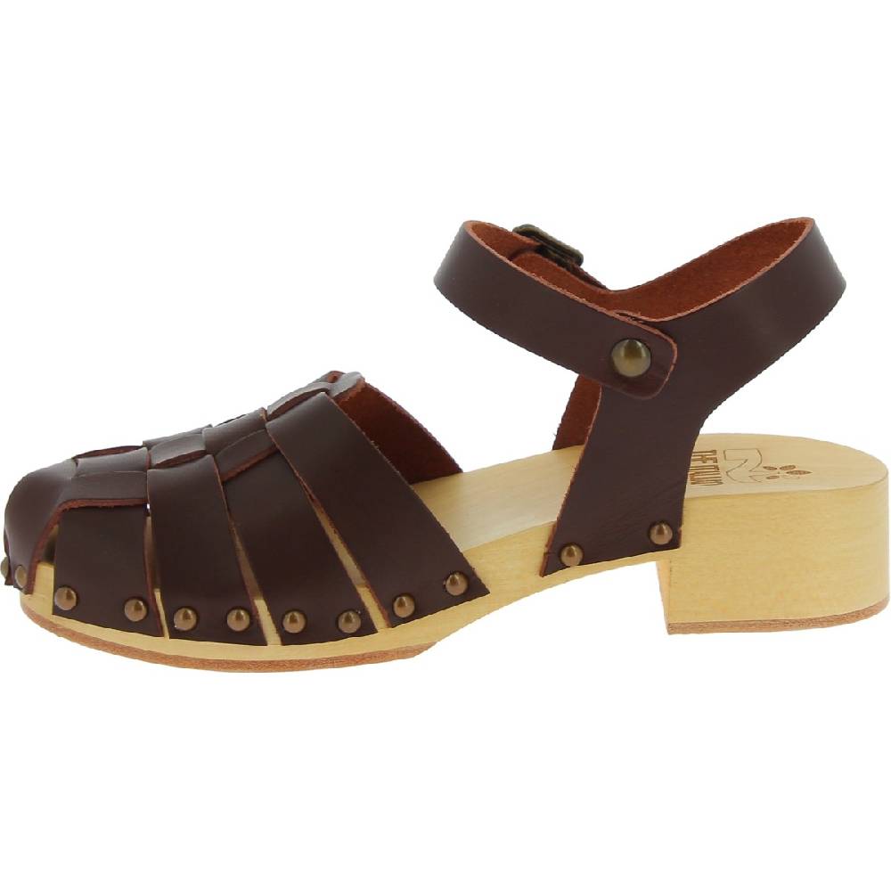 Lartigiano Del Cuoio Zoccoli Donna Artigianali In Legno Con Tomaia A Gabbia In Pelle Testa Di Moro