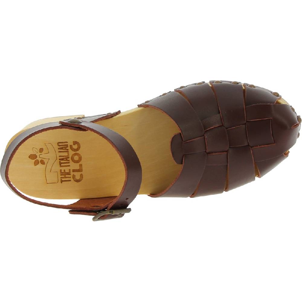 Lartigiano Del Cuoio Zoccoli Donna Artigianali In Legno Con Tomaia A Gabbia In Pelle Testa Di Moro