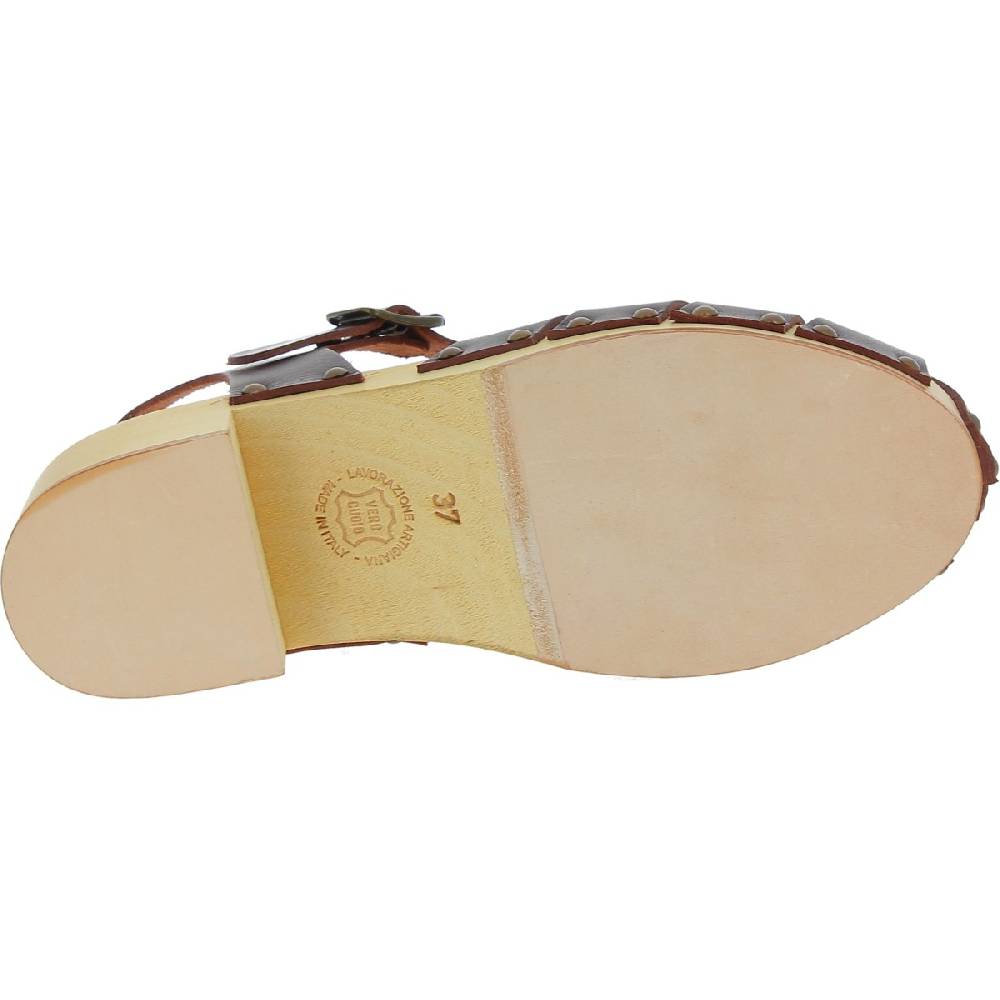 Lartigiano Del Cuoio Zoccoli Donna Artigianali In Legno Con Tomaia A Gabbia In Pelle Testa Di Moro