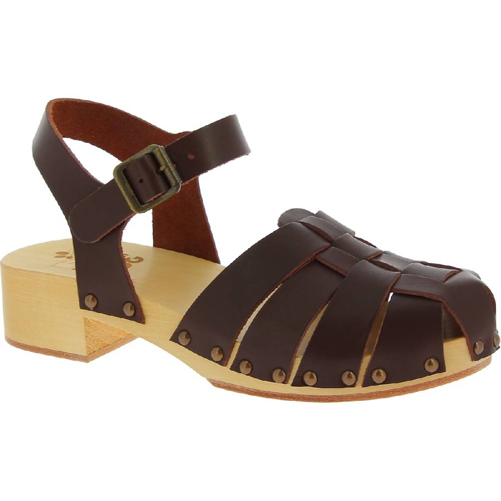 Lartigiano Del Cuoio Zoccoli donna artigianali in legno con tomaia a gabbia in pelle testa di moro