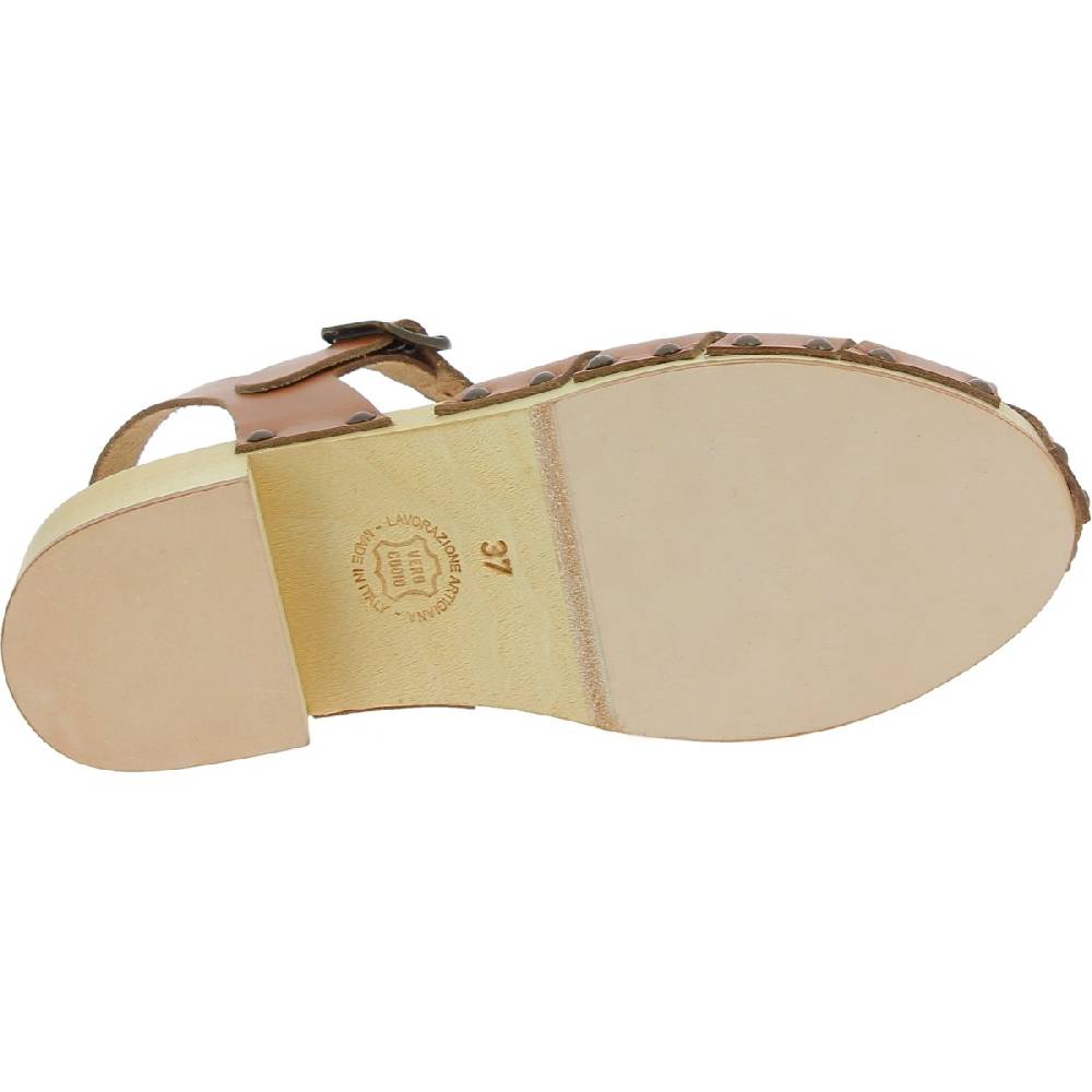 Lartigiano Del Cuoio Zoccoli Donna In Legno Artigianali Con Tomaia A Gabbia In Pelle Color Cuoio