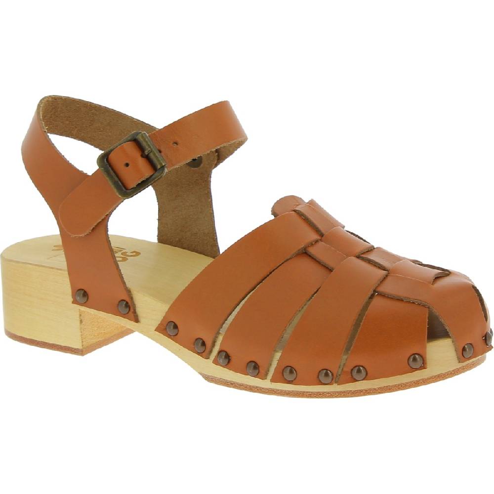 Lartigiano Del Cuoio Zoccoli donna in legno artigianali con tomaia a gabbia in pelle color cuoio