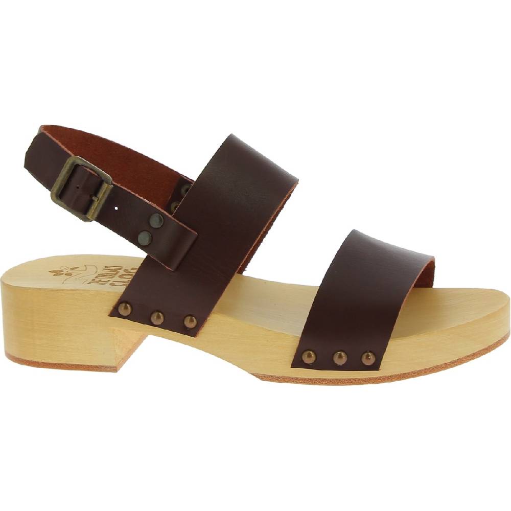 Lartigiano Del Cuoio Zoccoli Donna In Legno Con Fasce In Pelle Marrone Scuro