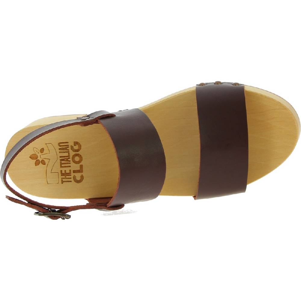 Lartigiano Del Cuoio Zoccoli Donna In Legno Con Fasce In Pelle Marrone Scuro