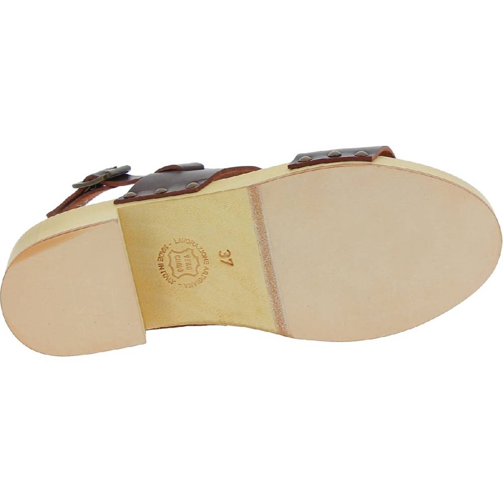 Lartigiano Del Cuoio Zoccoli Donna In Legno Con Fasce In Pelle Marrone Scuro