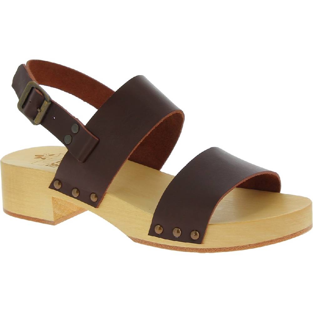 Lartigiano Del Cuoio Zoccoli donna in legno con fasce in pelle marrone scuro