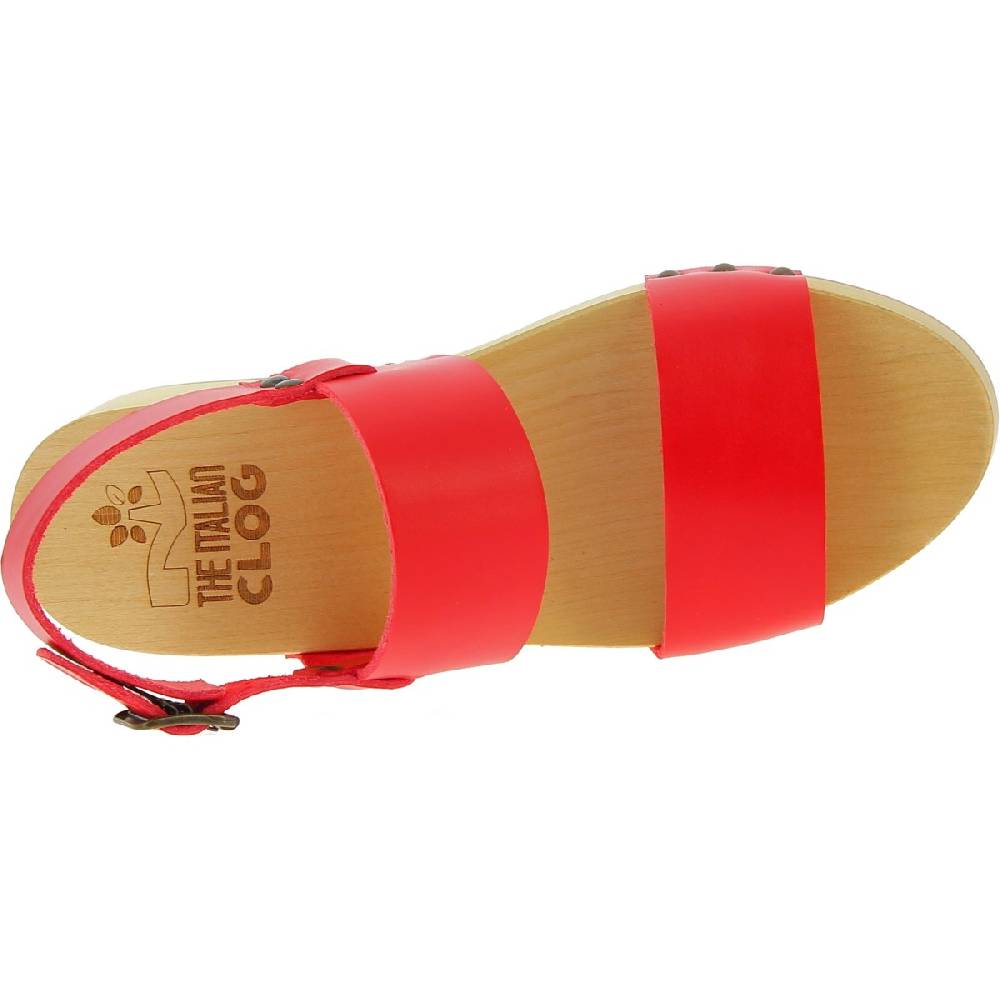 Lartigiano Del Cuoio Zoccoli Donna In Legno Con Fasce In Pelle Rossa