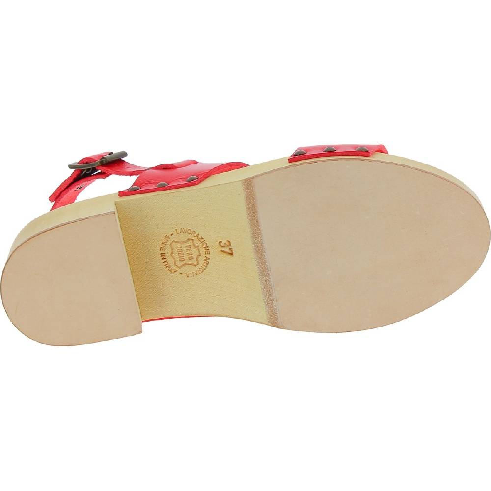 Lartigiano Del Cuoio Zoccoli Donna In Legno Con Fasce In Pelle Rossa