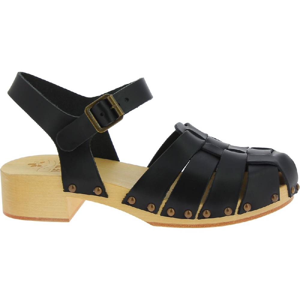 Lartigiano Del Cuoio Zoccoli In Legno Artigianali Da Donna Con Tomaia A Gabbia In Pelle Nera