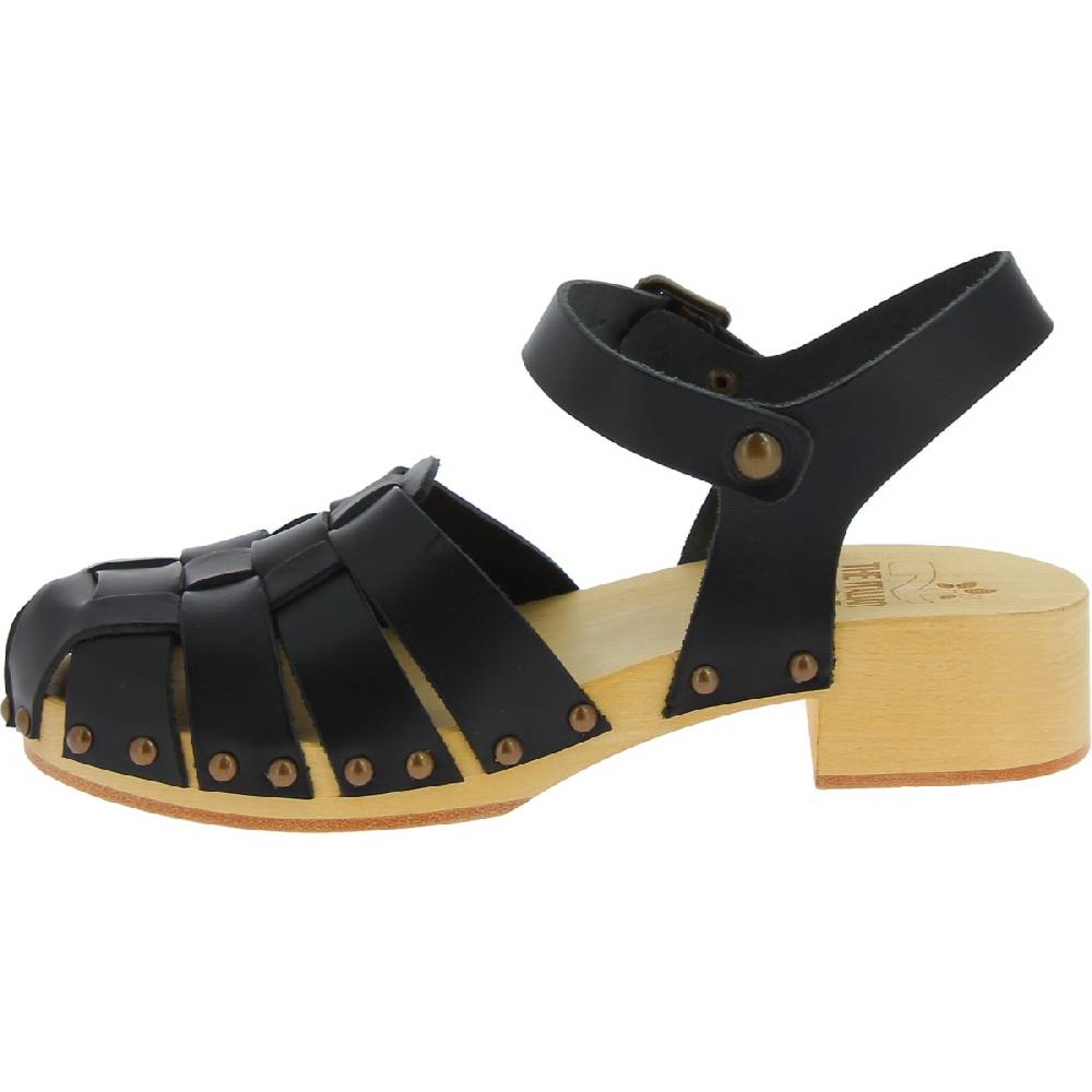 Lartigiano Del Cuoio Zoccoli In Legno Artigianali Da Donna Con Tomaia A Gabbia In Pelle Nera