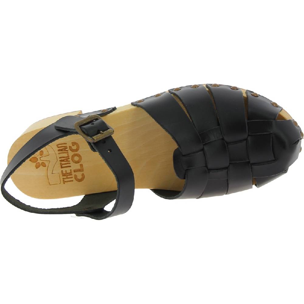 Lartigiano Del Cuoio Zoccoli In Legno Artigianali Da Donna Con Tomaia A Gabbia In Pelle Nera