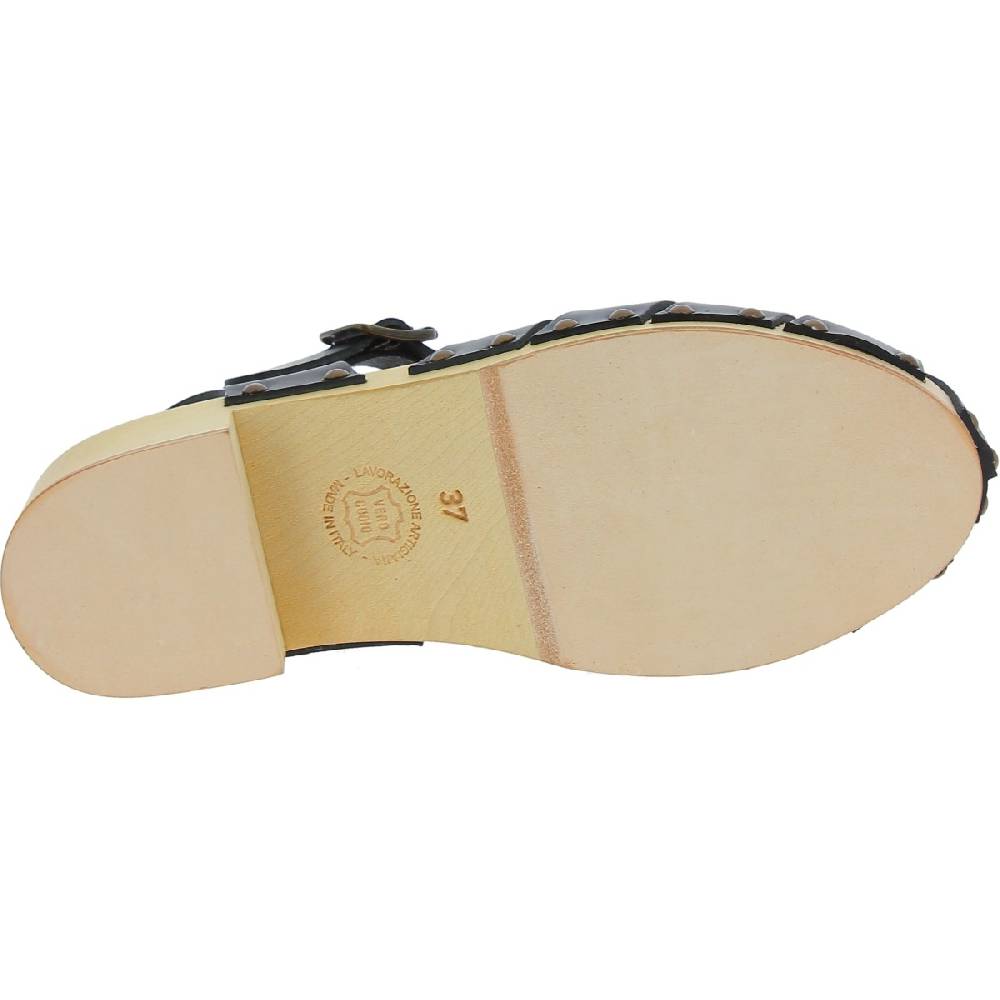 Lartigiano Del Cuoio Zoccoli In Legno Artigianali Da Donna Con Tomaia A Gabbia In Pelle Nera