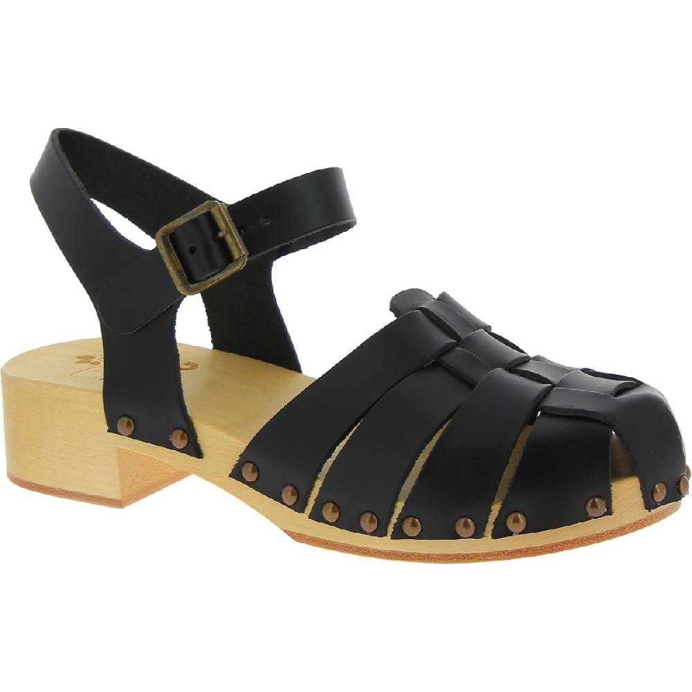 Lartigiano Del Cuoio Zoccoli in legno artigianali da donna con tomaia a gabbia in pelle nera
