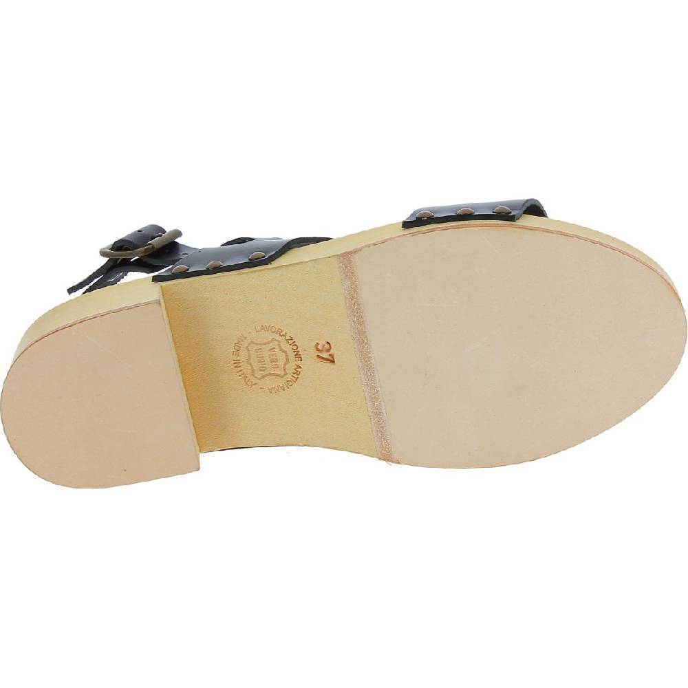 Lartigiano Del Cuoio Zoccoli In Legno Con Tacco Con Fasce In Pelle Nera