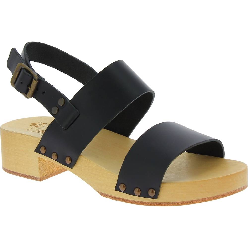 Lartigiano Del Cuoio Zoccoli in legno con tacco con fasce in pelle nera