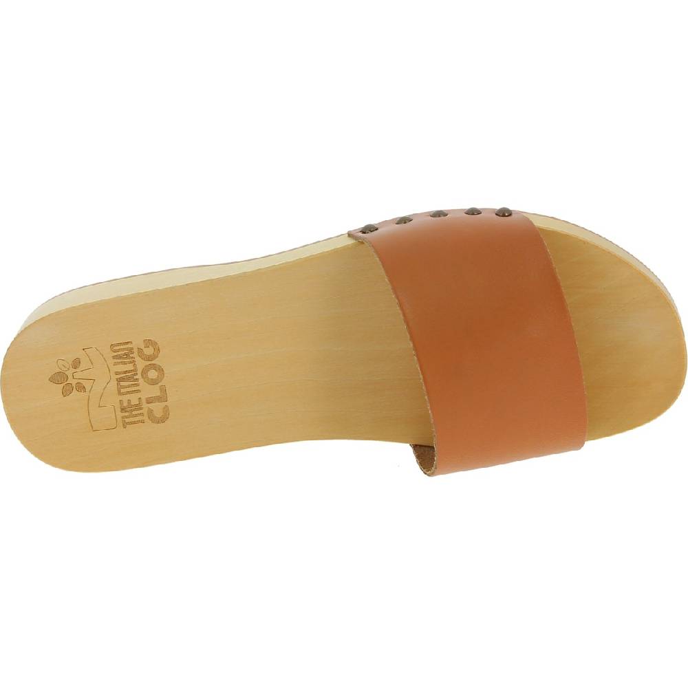 Lartigiano Del Cuoio Zoccoli In Legno Da Uomo Con Fascia In Pelle Color Cuoio
