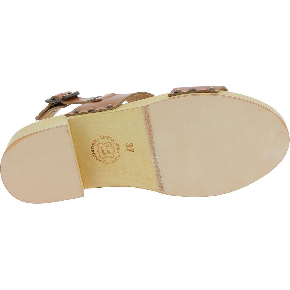 Lartigiano Del Cuoio Zoccoli In Legno Donna Con Fasce In Pelle Beige